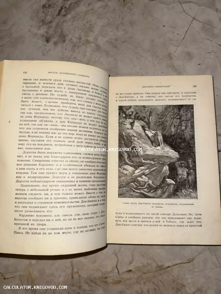 Разворот старой книги на русском языке с иллюстрацией, изображающей истощенного Дон Кихота в лесу.
