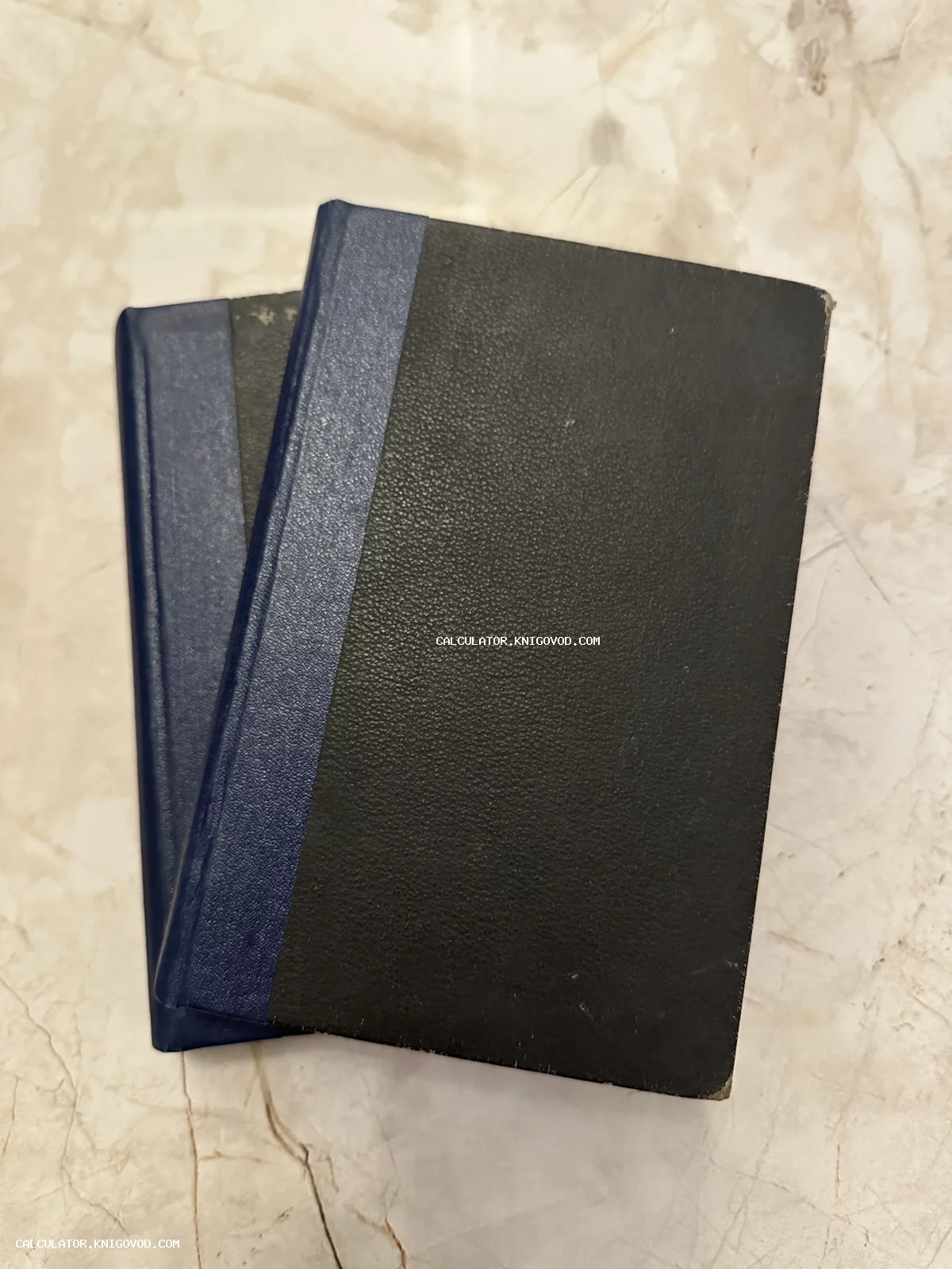 Две старинные книги с темно-синими корешками и черными фактурными обложками на светлой мраморной поверхности.