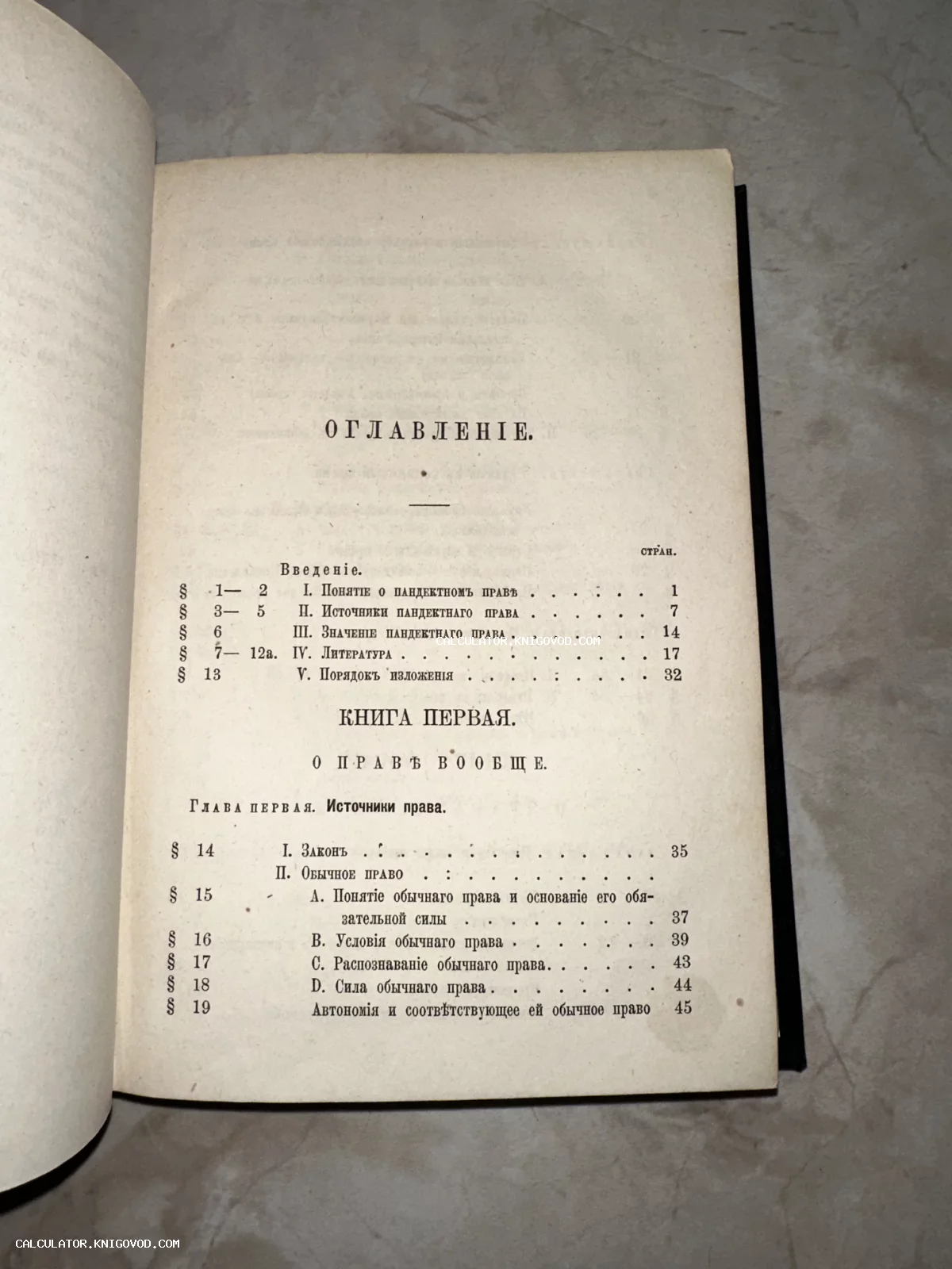 Фотография страницы оглавления антикварной книги по юриспруденции на дореволюционном русском языке.