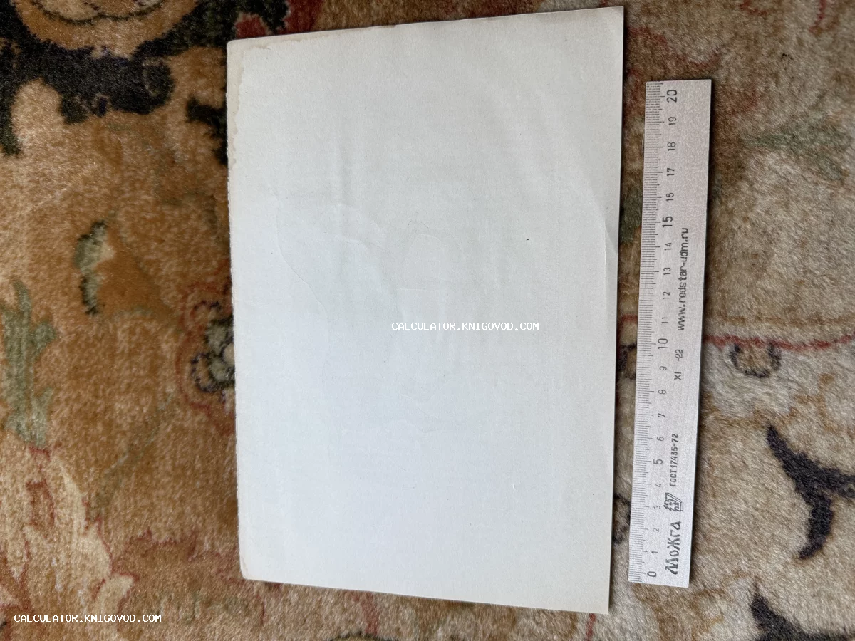 Оборотная сторона листа старой бумаги прямоугольной формы, лежащая на ковре рядом с деревянной измерительной линейкой.