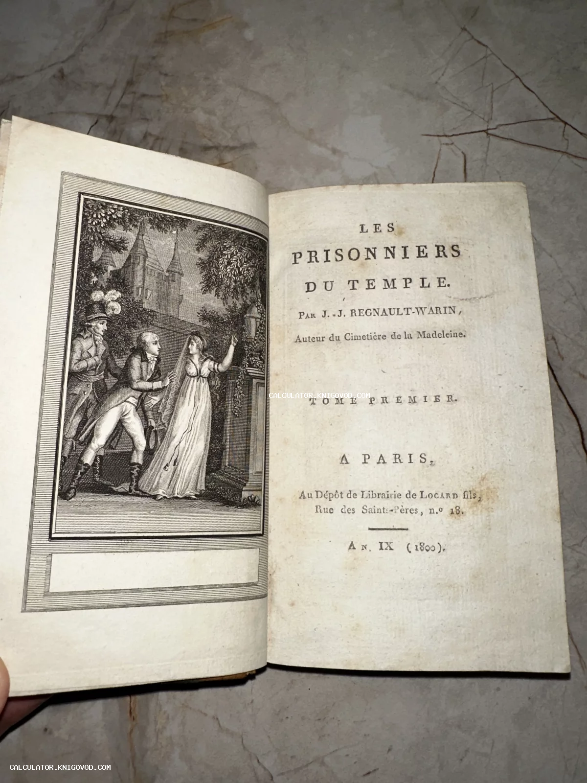 Разворот антикварной книги на французском языке с фронтисписной гравюрой и титульным листом издания 1800 года.