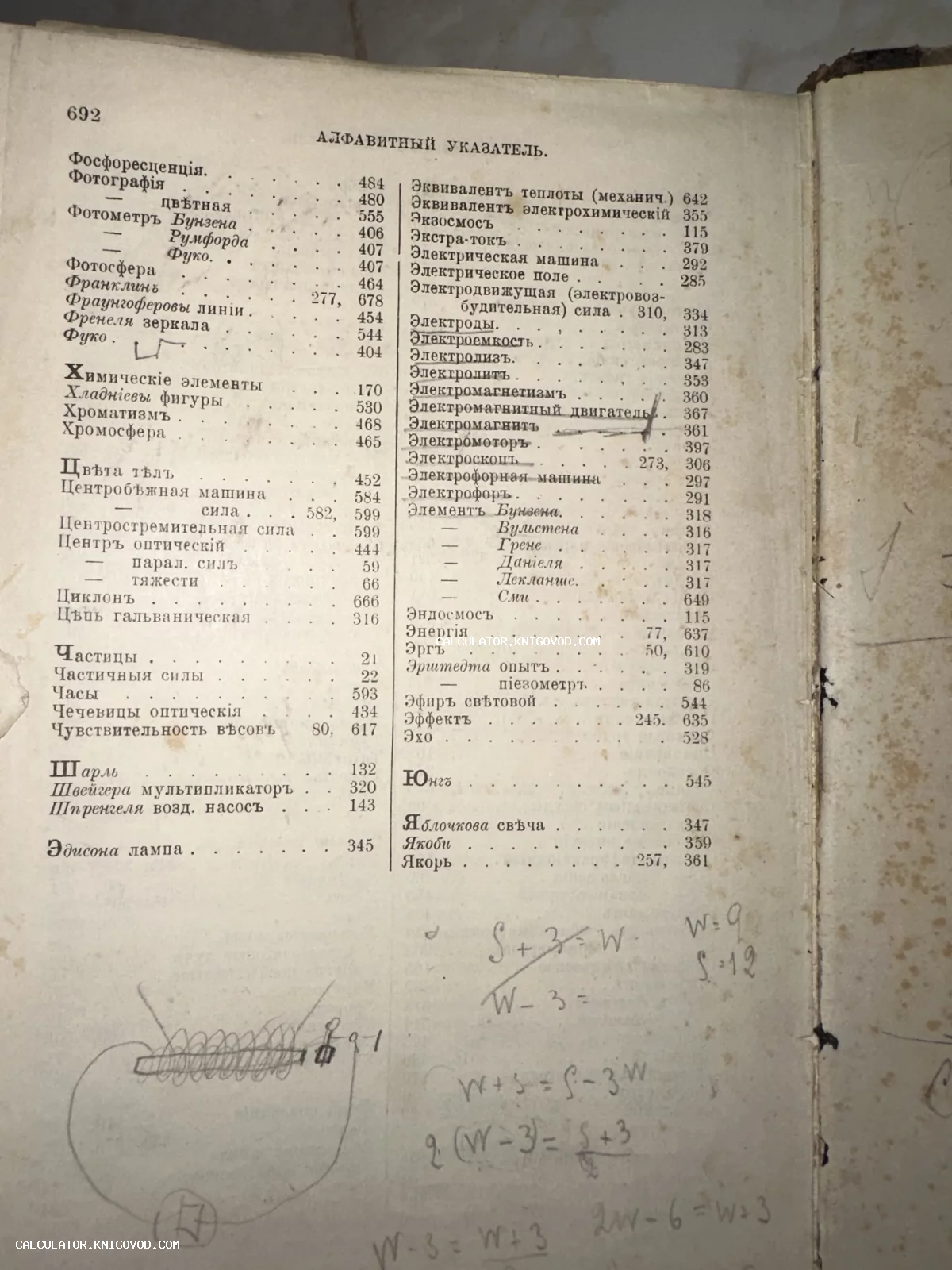 Старинная книжная страница с алфавитным указателем физических терминов на дореформенном русском языке и карандашными чертежами.