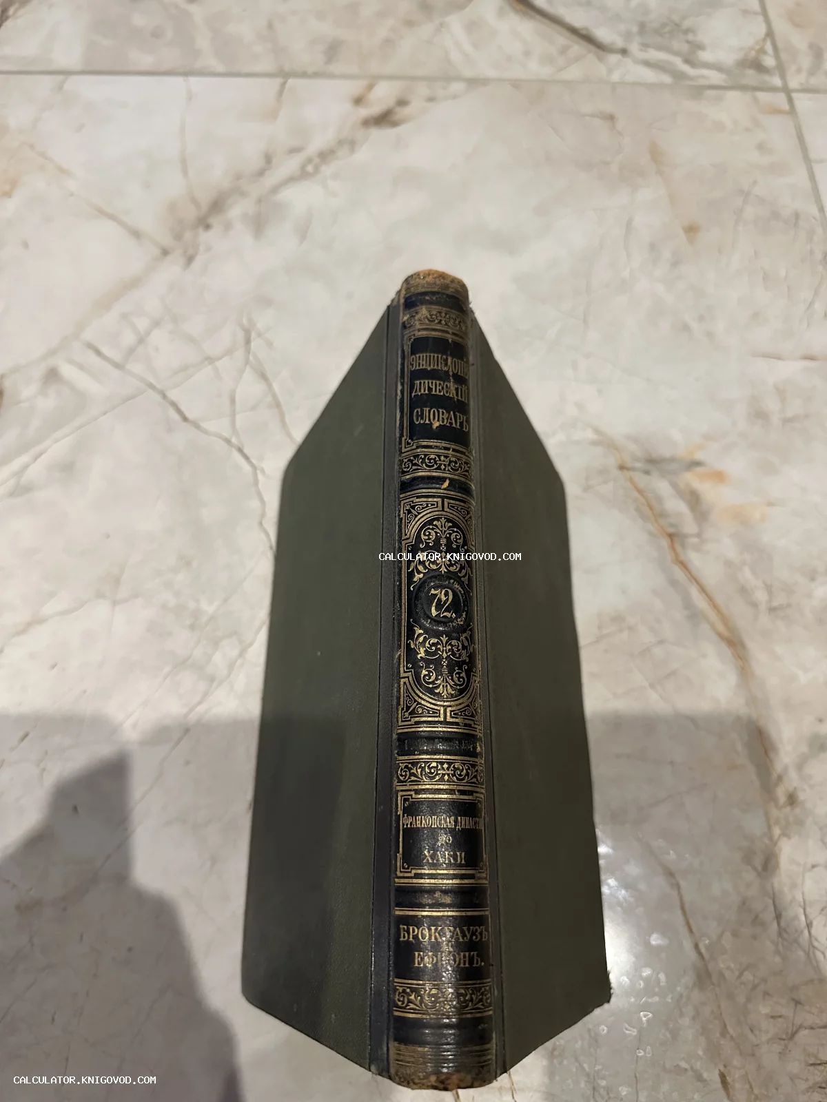 Корешок антикварной книги «Энциклопедический словарь Брокгауза и Ефрона» с золотым тиснением и орнаментом, том 72.