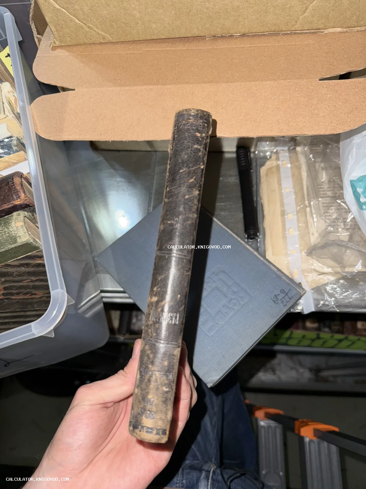 Корешок антикварной книги начала XX века с потертостями и золотым тиснением в руках коллекционера.