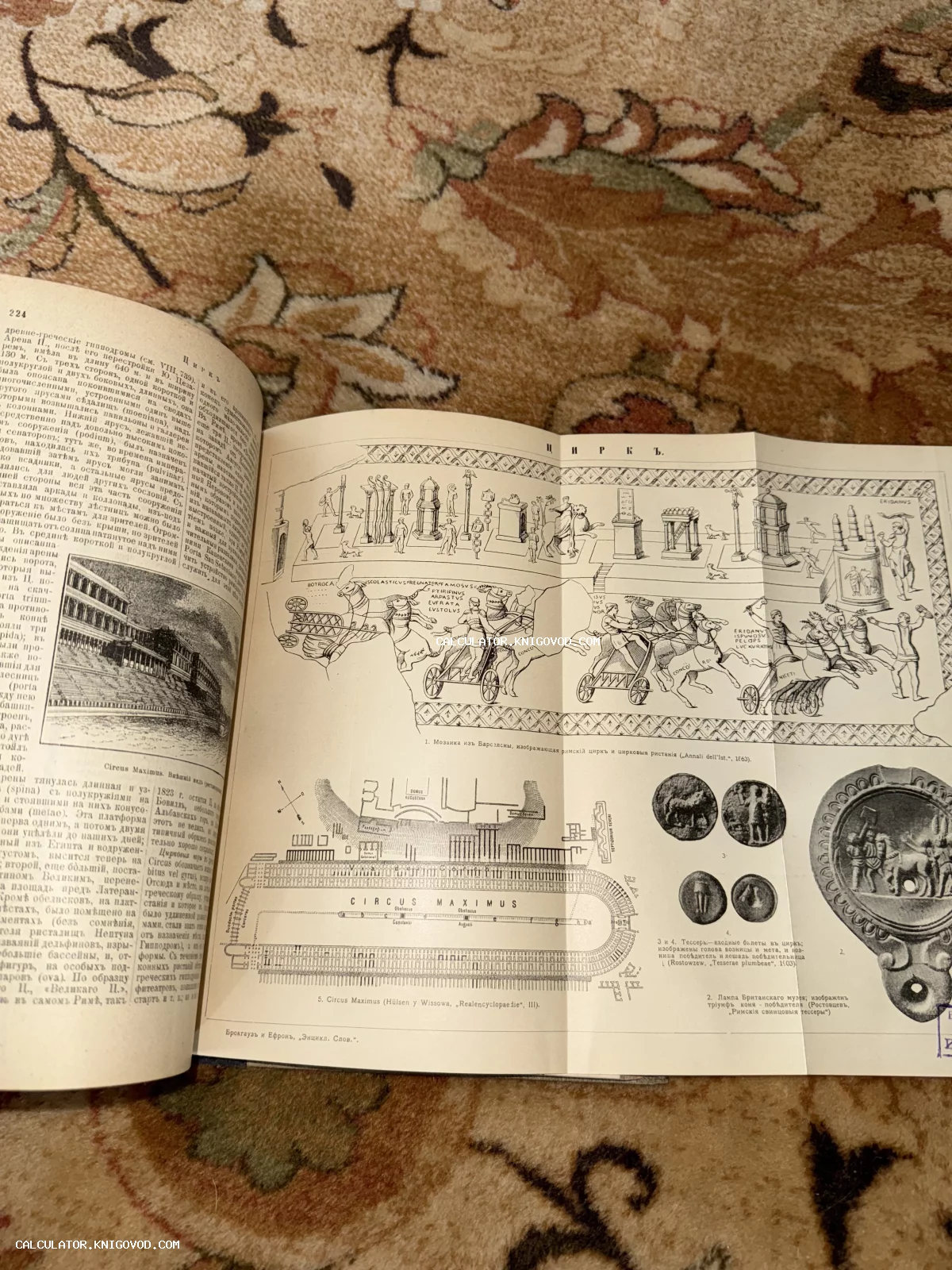 Разворот антикварной энциклопедии с иллюстрациями на тему древнеримских цирков, включая схему Circus Maximus и изображения колесниц.