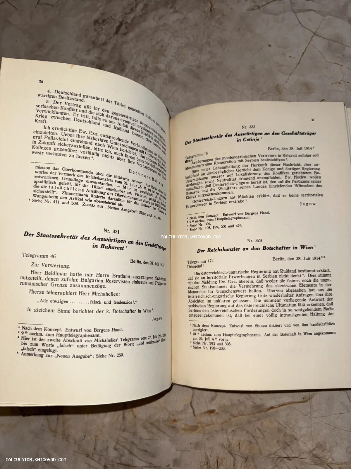 Разворот антикварной книги на немецком языке с текстами дипломатических депеш и телеграмм накануне Первой мировой войны.