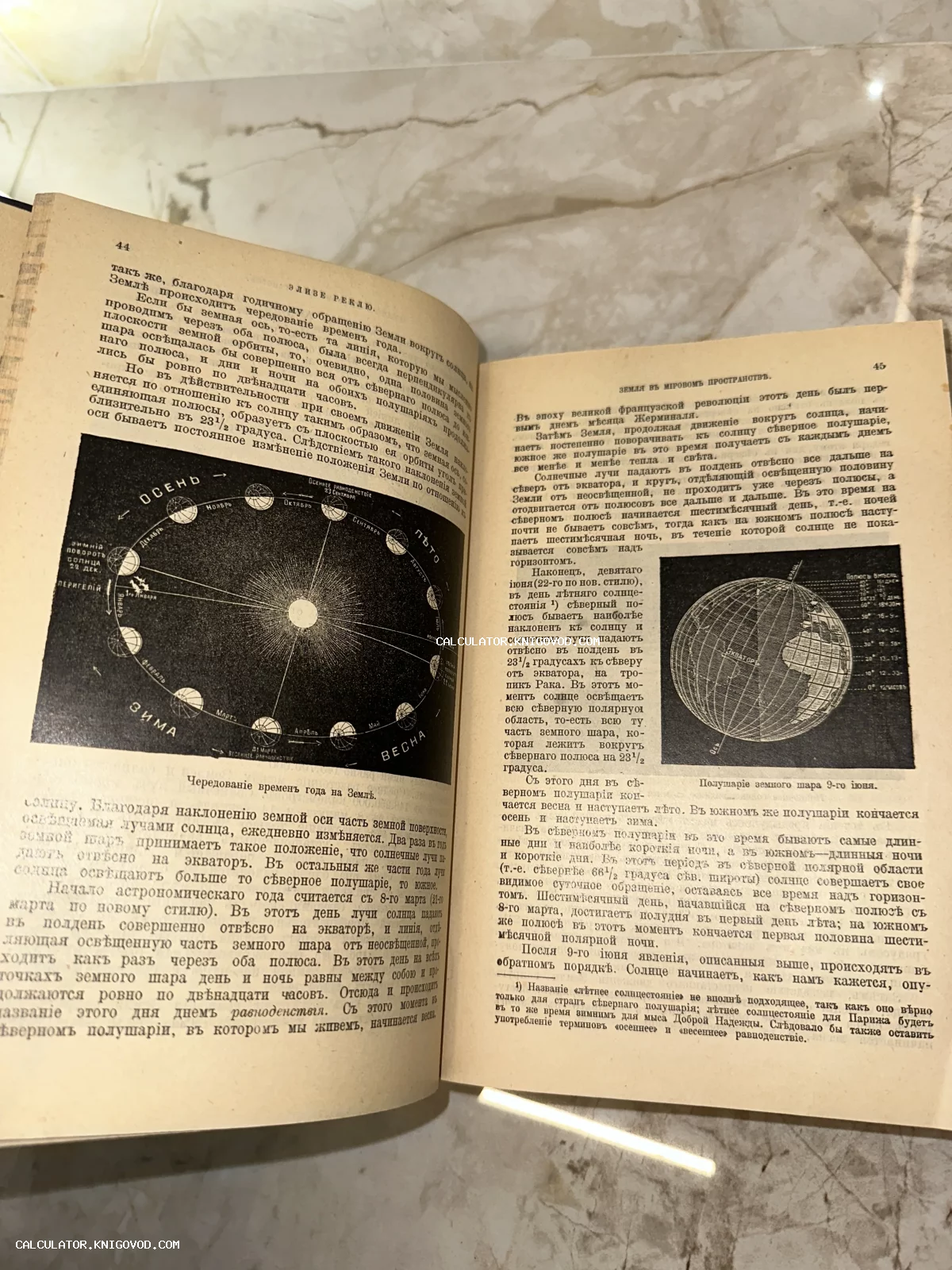 Разворот антикварной книги с дореволюционным шрифтом и астрономическими схемами движения Земли вокруг Солнца.