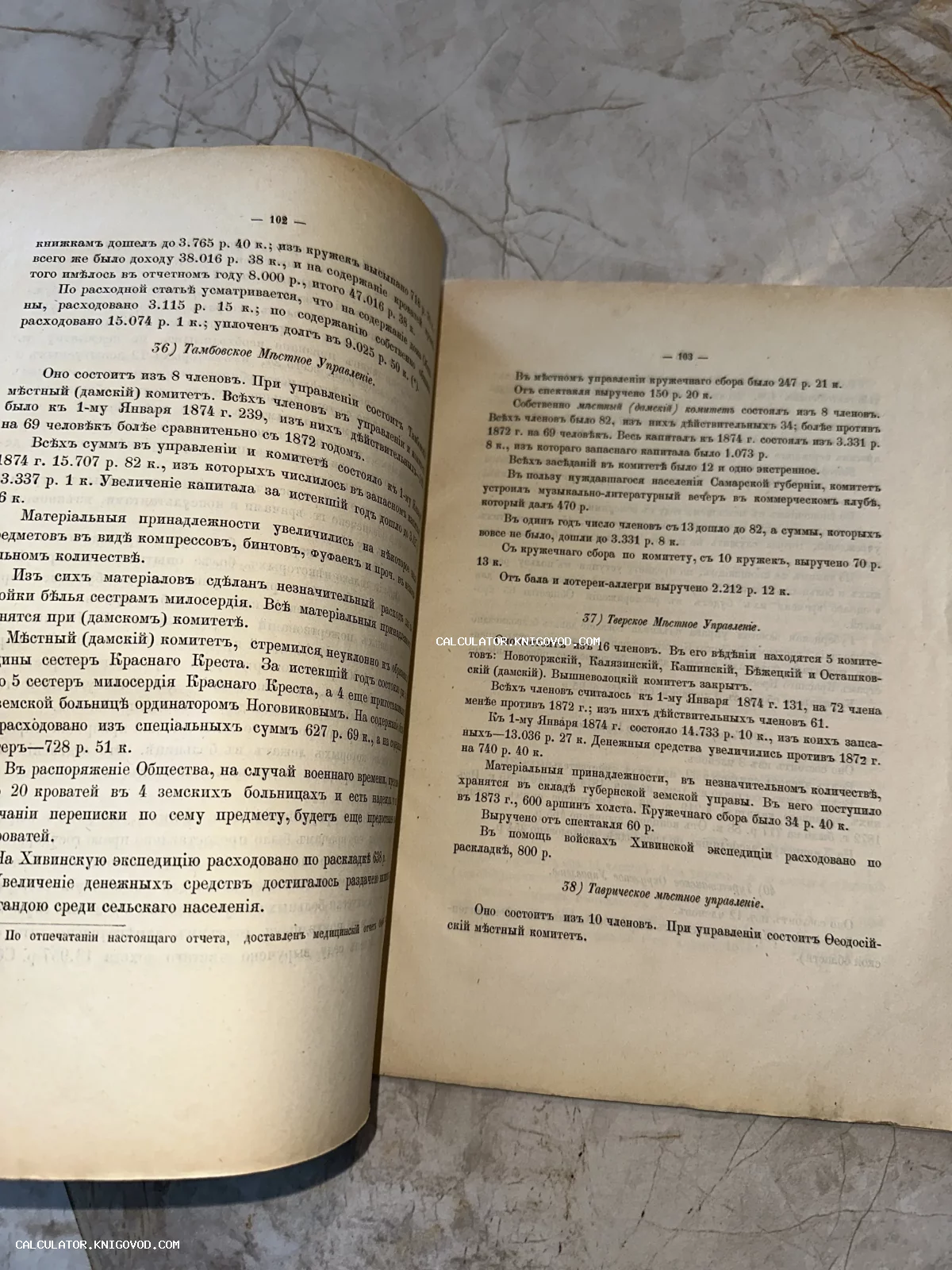 Разворот антикварной книги со страницами 102 и 103, напечатанными дореформенным русским шрифтом, содержащий отчеты Тамбовского и Тверского управлений.