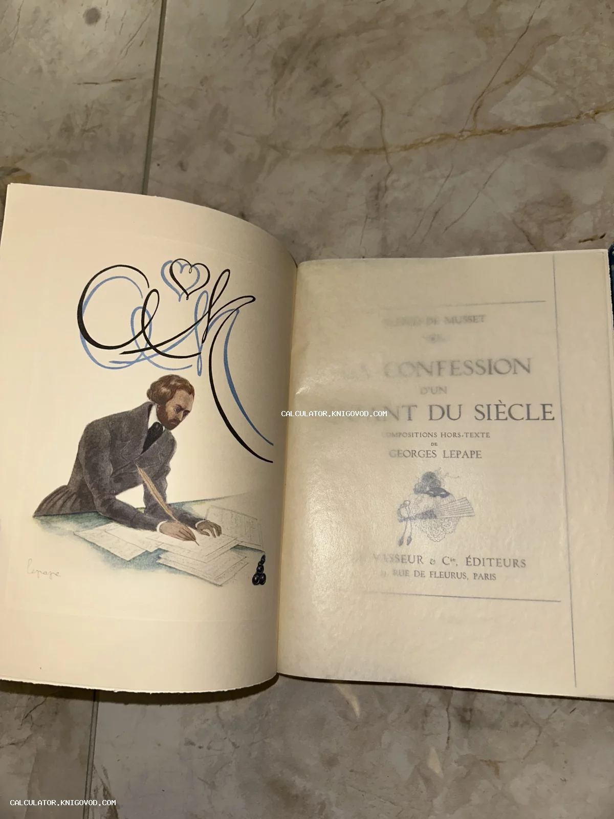 Разворот антикварной книги Альфреда де Мюссе с цветной иллюстрацией Жоржа Лепапа и титульным листом издания.