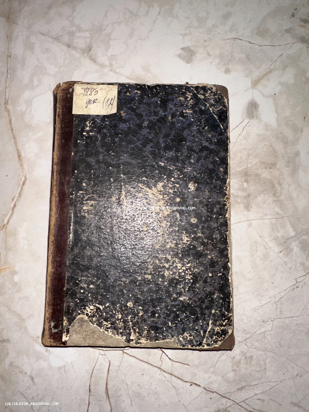 Старинная книга в темном мраморном переплете с кожаным корешком и бумажным ярлыком с датой 1885 год.