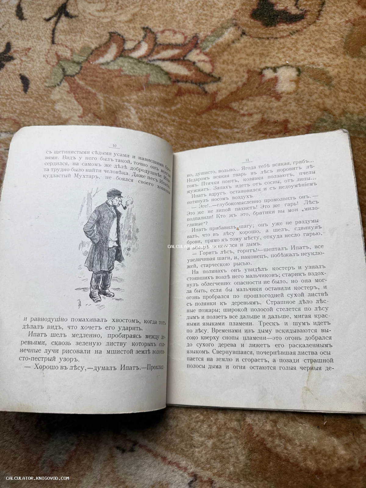 Разворот антикварной книги с текстом на дореволюционном русском языке и графической иллюстрацией мужчины с трубкой.