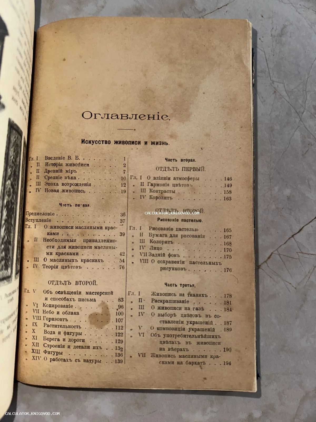 Страница оглавления антикварной книги по искусству живописи с дореволюционной орфографией на пожелтевшей бумаге.