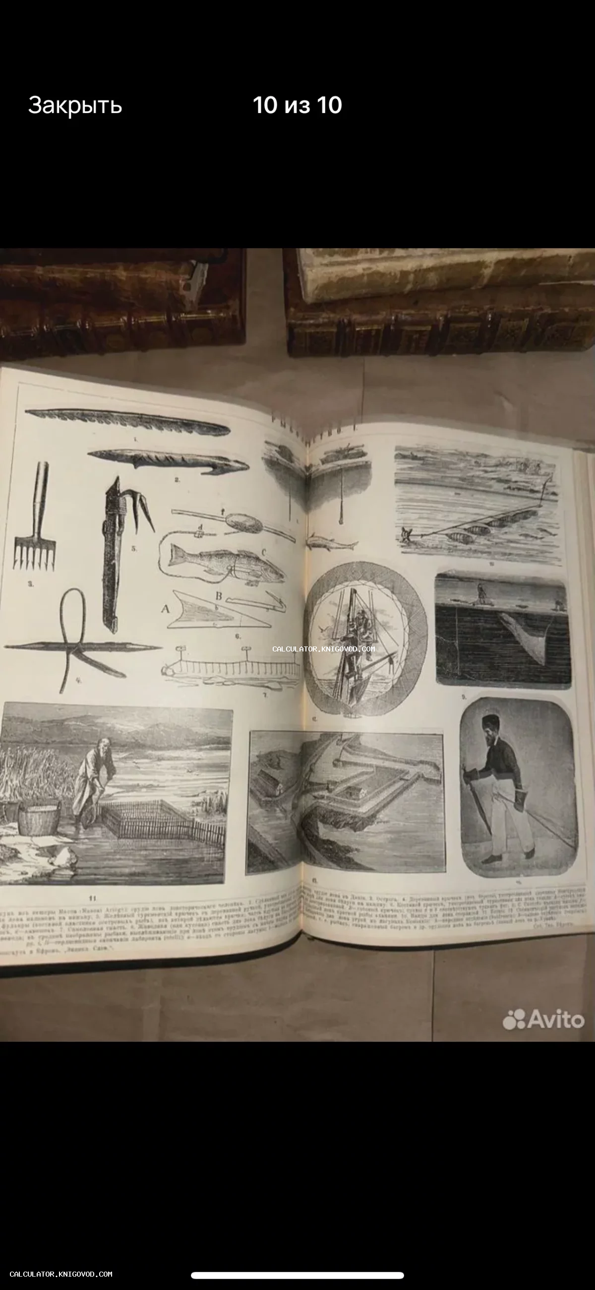 Разворот старинной книги с детализированными гравюрами рыболовных снастей, гарпунов и сцен рыбного промысла.