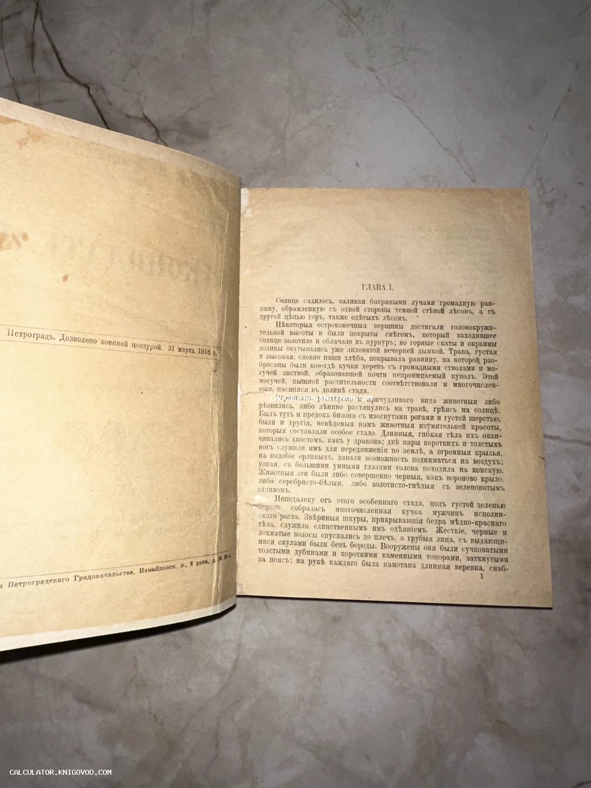 Разворот старинной книги с текстом на дореволюционном русском языке, видна пометка Петроград, дозволено военной цензурой 31 марта 1916 года.