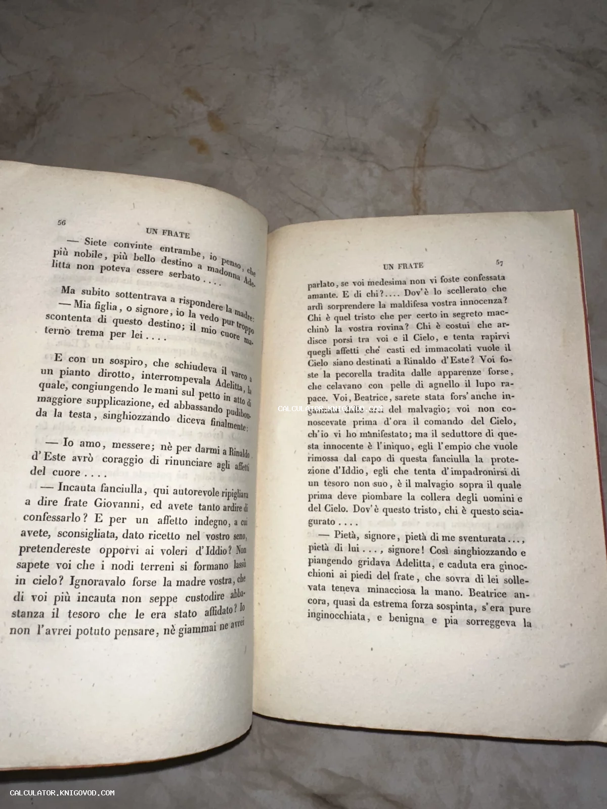 Разворот старинной книги на итальянском языке с текстом главы Un Frate, страницы 56-57.