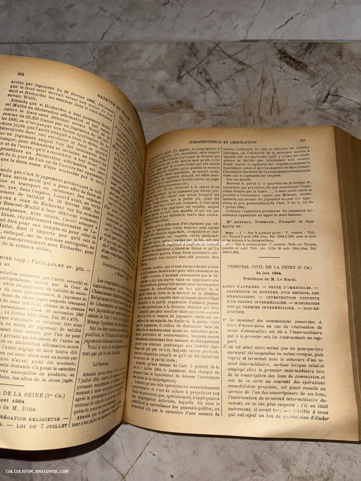 Разворот старинной французской книги с заголовками о юриспруденции и законодательстве, датированный 24 июня 1904 года.