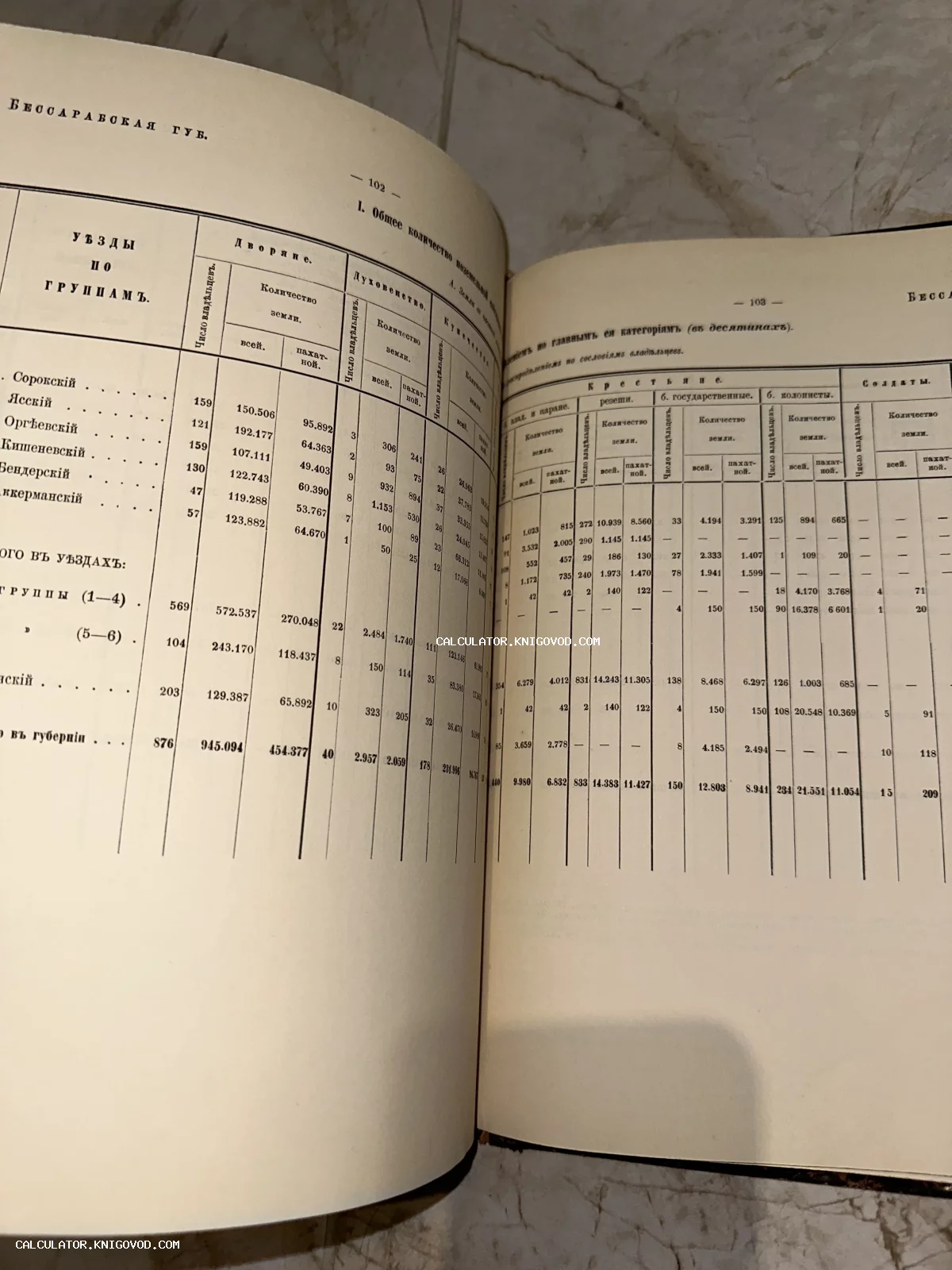 Разворот антикварной книги со статистическими таблицами распределения земли в Бессарабской губернии по сословиям: дворяне, духовенство, крестьяне.