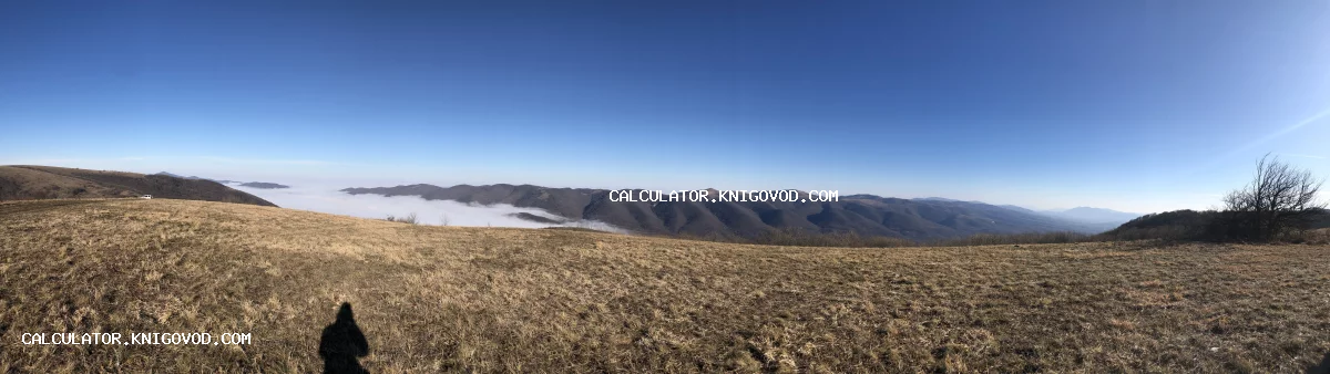 Широкоугольный панорамный вид на горные гряды, долину с густым туманом и сухостой на переднем плане под чистым синим небом.