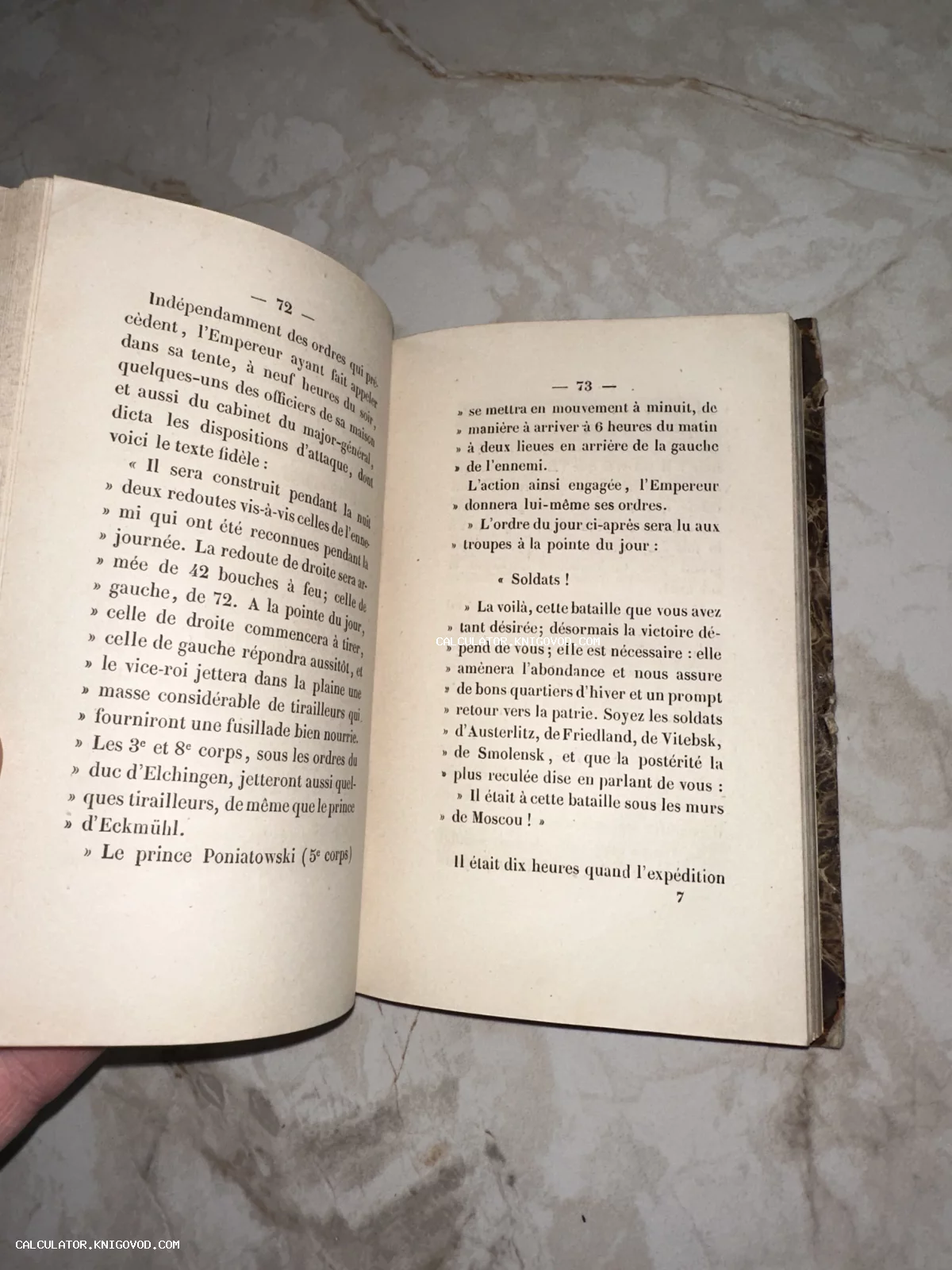 Разворот антикварной французской книги с текстом о приказах императора Наполеона и упоминанием городов Аустерлиц, Витебск, Смоленск и Москва.