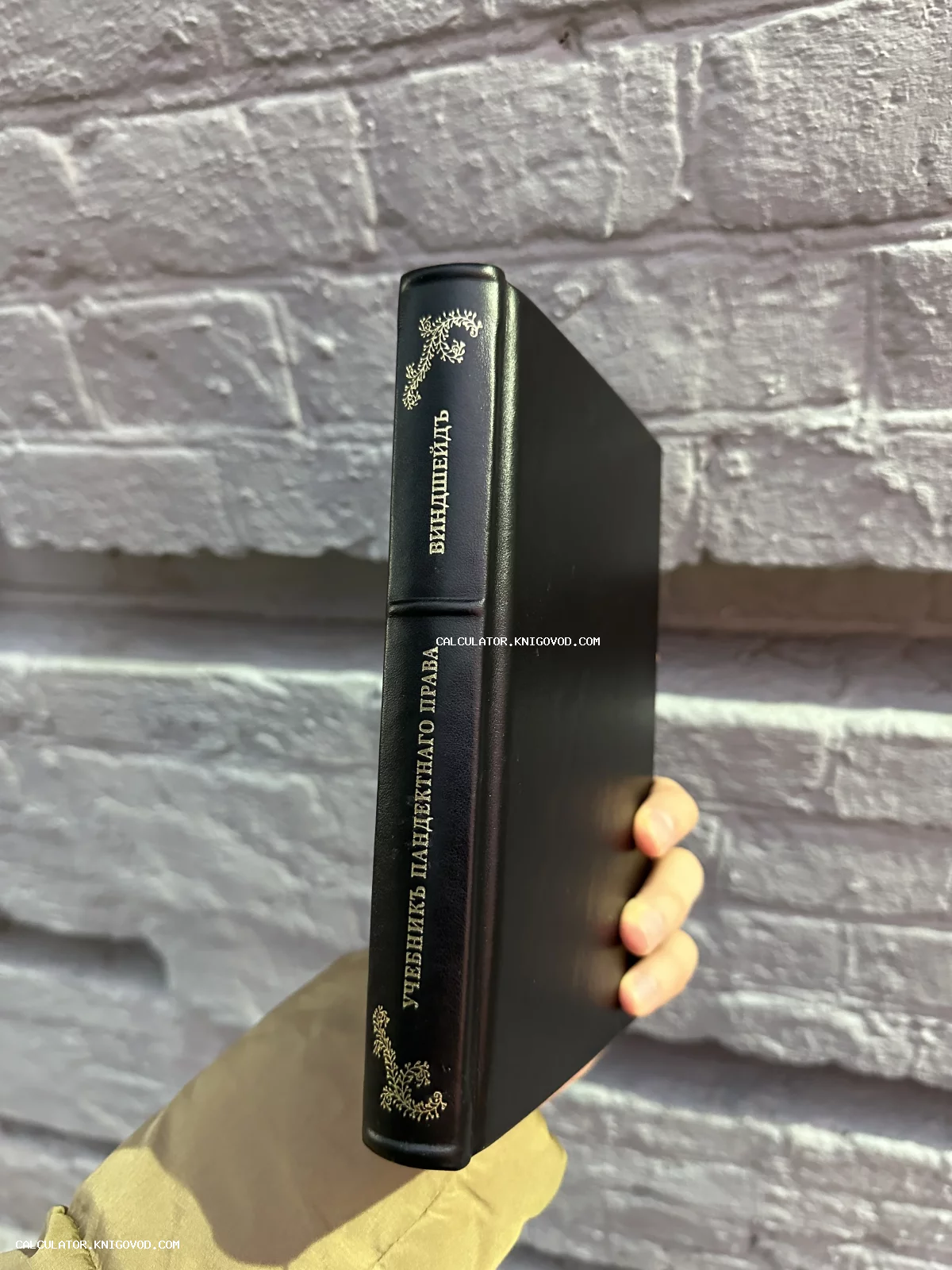 Корешок антикварной книги Бернхарда Виндшейда «Учебник пандектного права» в черном кожаном переплете с золотым тиснением.