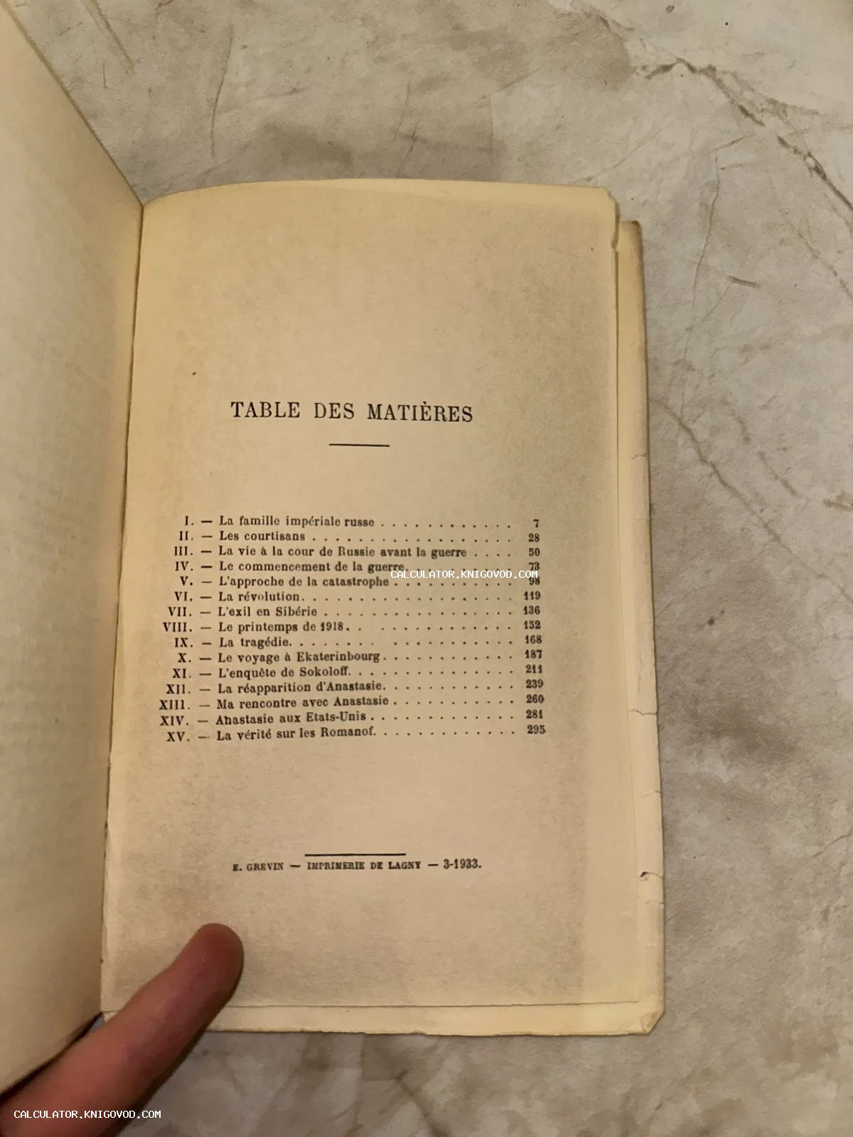 Разворот антикварной книги на французском языке с оглавлением, посвященным истории императорской семьи Романовых, напечатанный в 1933 году.