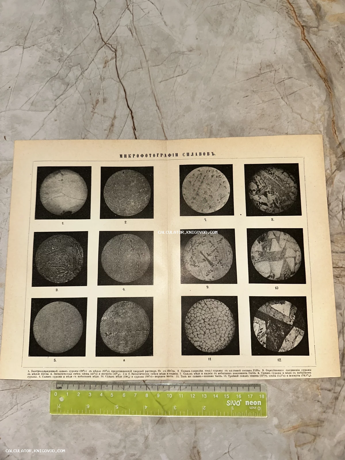 Старинная печатная страница с 12 круглыми микрофотографиями структуры металлических сплавов и подписями на дореволюционном русском языке.
