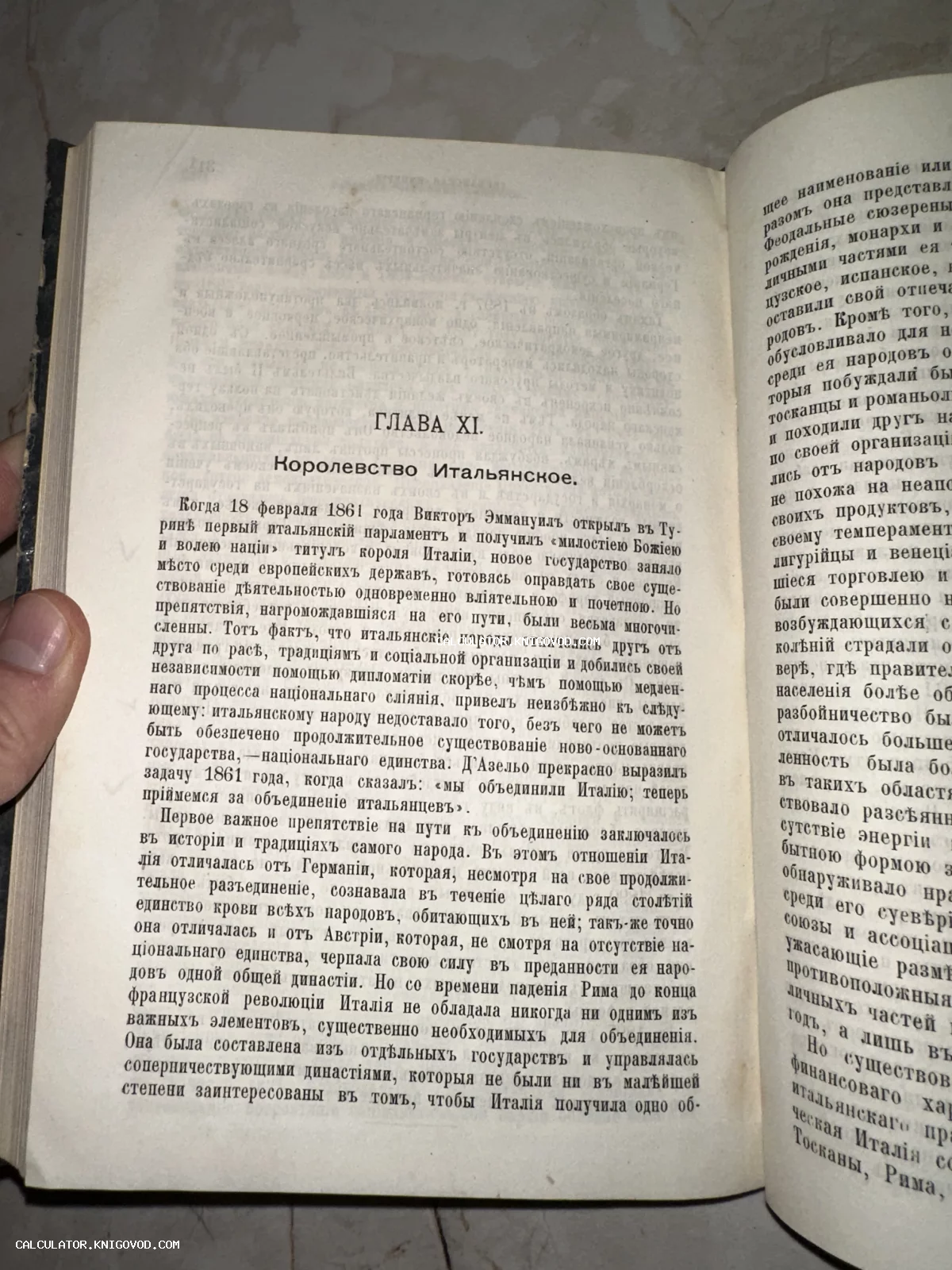 Разворот антикварной книги с текстом на дореволюционном русском языке. Заголовок Глава XI Королевство Итальянское.