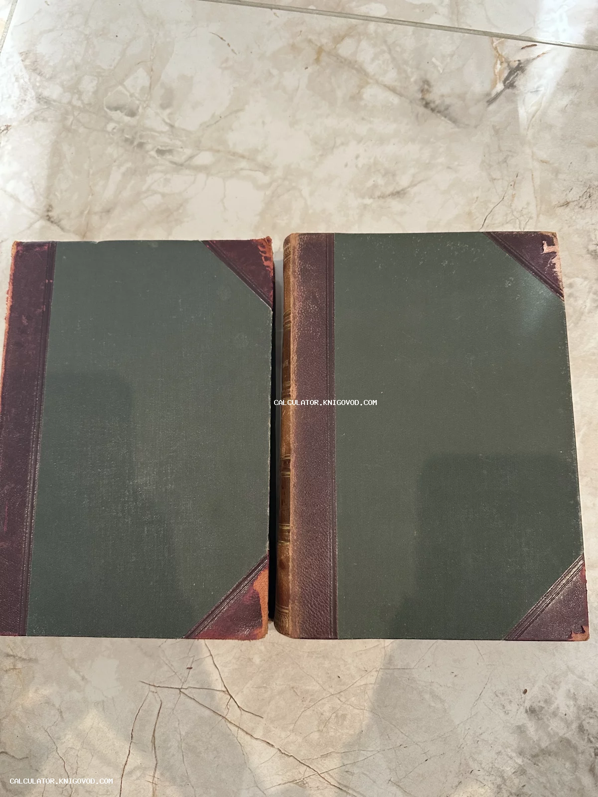 Две старинные книги с темно-зелеными крышками и бордовыми кожаными уголками на светлой мраморной поверхности.