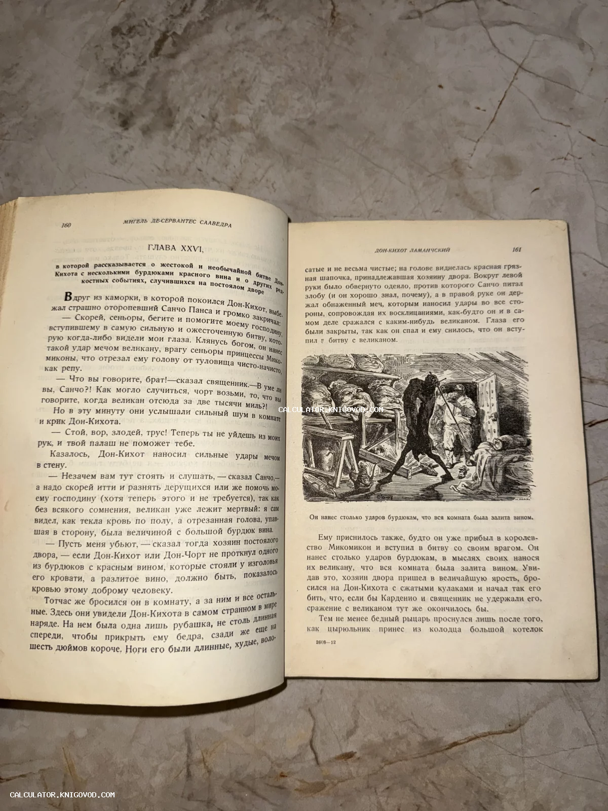 Разворот старинной книги с текстом романа «Дон Кихот» на русском языке и классической иллюстрацией сражения героя с бурдюками вина.