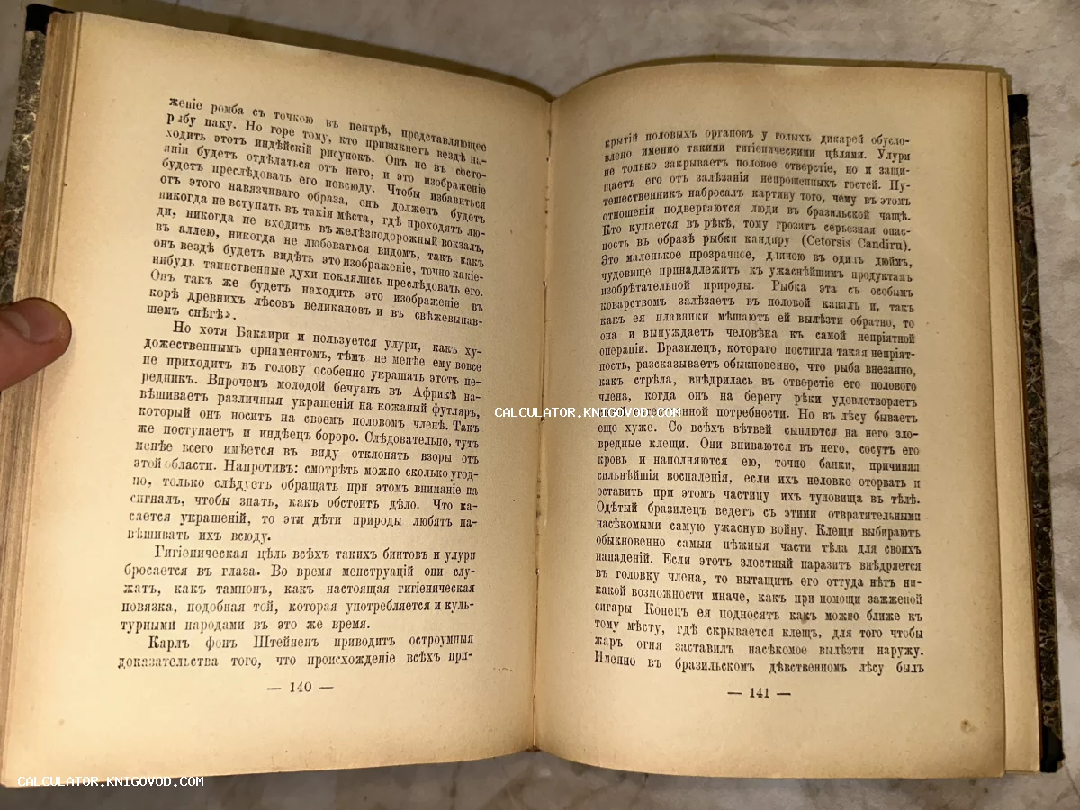 Разворот антикварной книги со шрифтом на старорусском языке, описывающим быт и природу Бразилии.