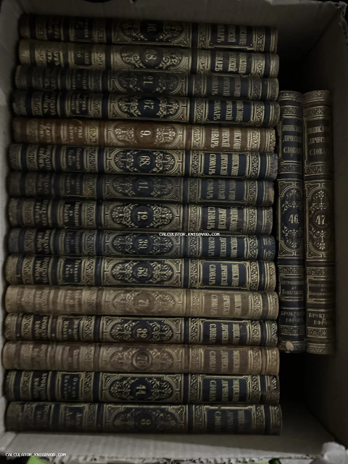 Ряд старинных томов Энциклопедического словаря Брокгауза и Ефрона в полукожаных переплетах с золотым тиснением на корешках.