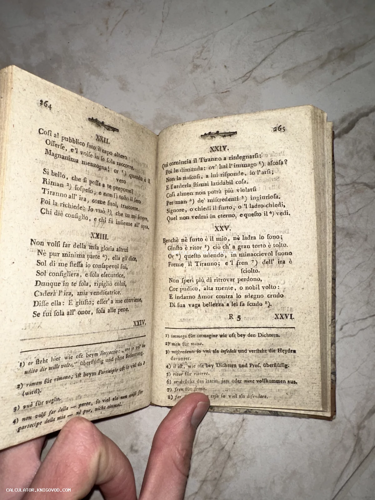 Разворот старинной книги на страницах 264-265 с текстом на итальянском и немецком языках.