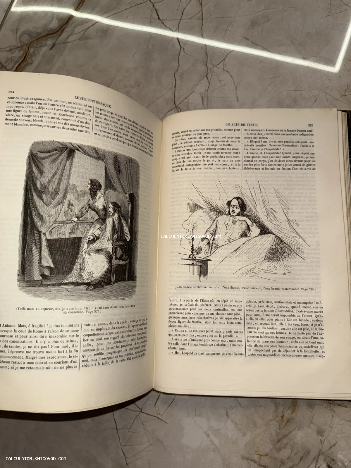 Разворот старинной книги Revue Pittoresque с французским текстом и двумя сюжетными гравюрами.