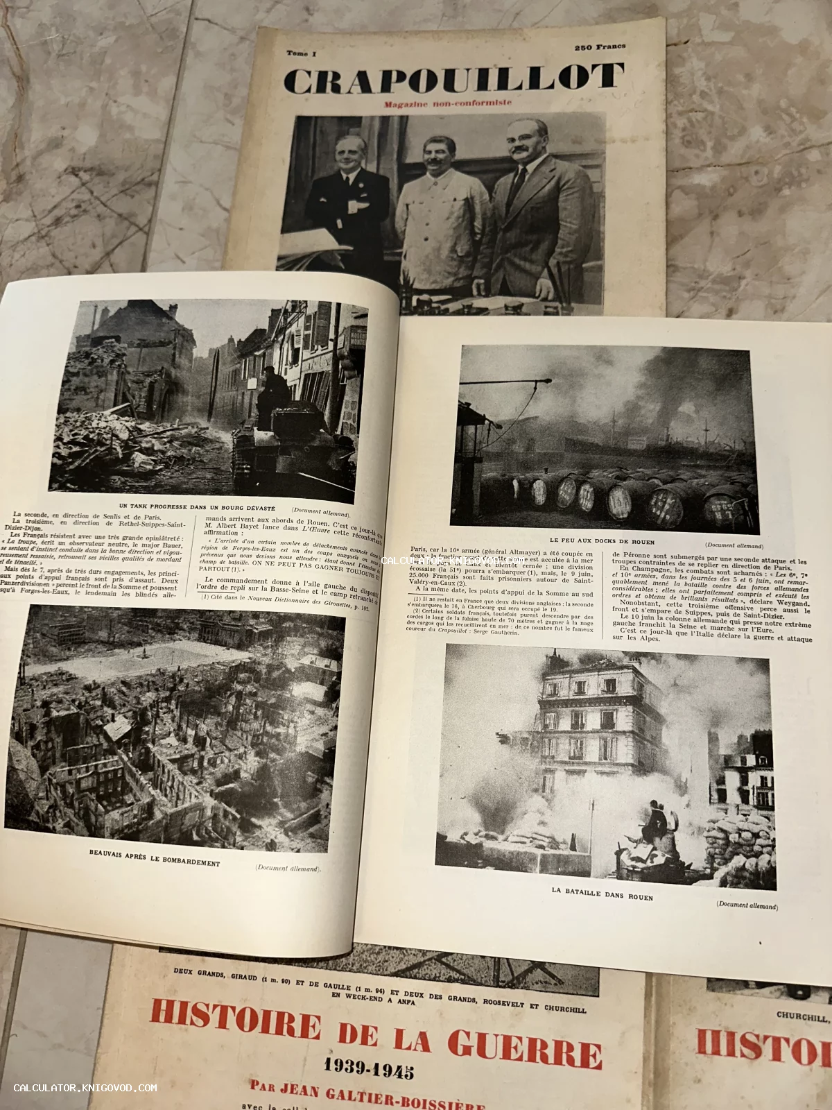 Разворот антикварного французского журнала Le Crapouillot с черно-белыми фотографиями Второй мировой войны, портретами Сталина и Молотова, и кадрами разрушенных городов.