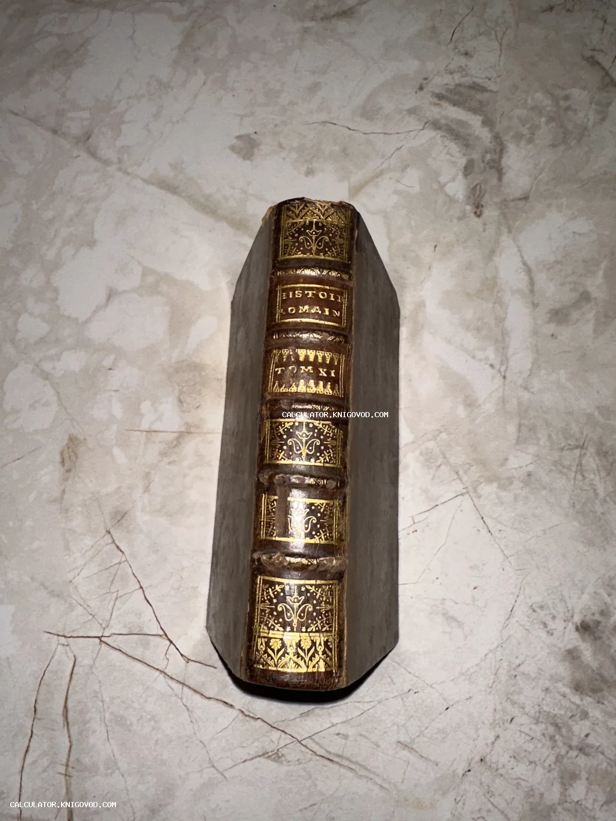 Корешок старинной книги в кожаном переплете с золотым тиснением и надписью Histoire Romaine на мраморном столе.