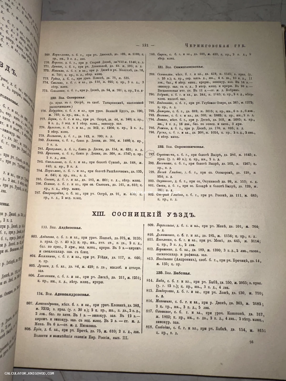 Разворот антикварной книги с перечнем населенных пунктов Сосницкого уезда Черниговской губернии, напечатанный дореволюционным шрифтом.
