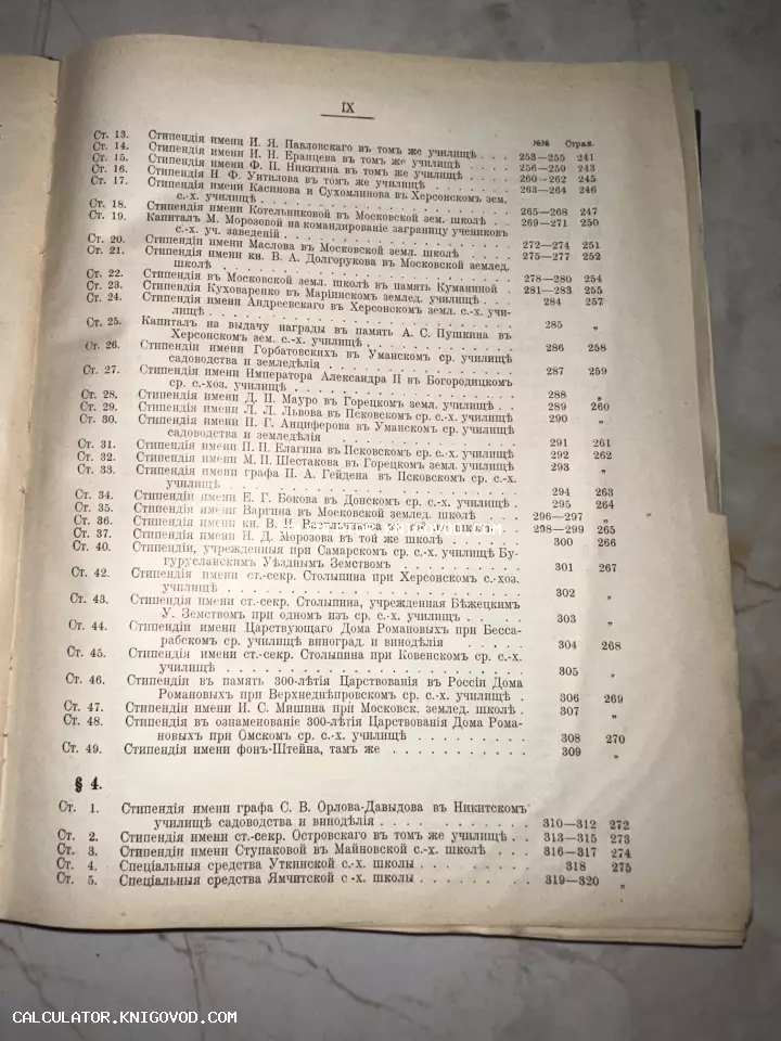 Старинная книжная страница со списком благотворительных стипендий и капиталов, напечатанная в дореволюционной орфографии.