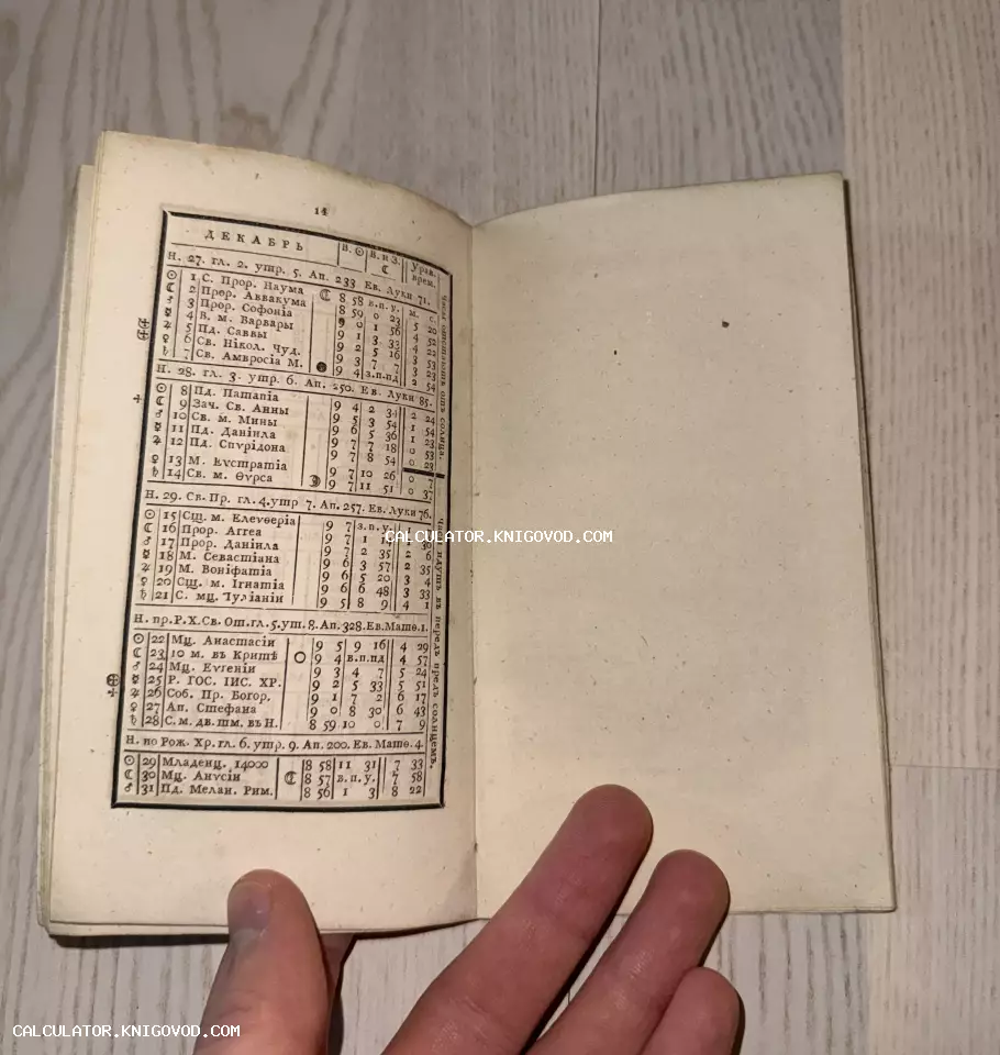 Разворот старинной книги с таблицей православного календаря на декабрь, напечатанной на пожелтевшей бумаге с использованием дореволюционной орфографии.