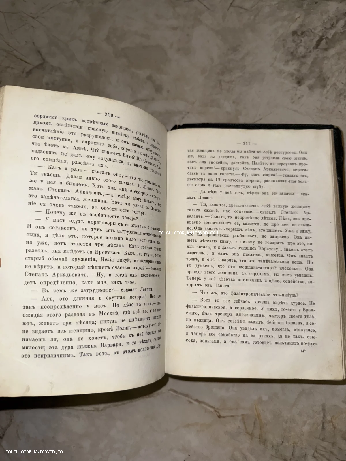 Разворот старинной книги с текстом на дореволюционном русском языке, страницы 210 и 211 с упоминанием Левина и Вронского.