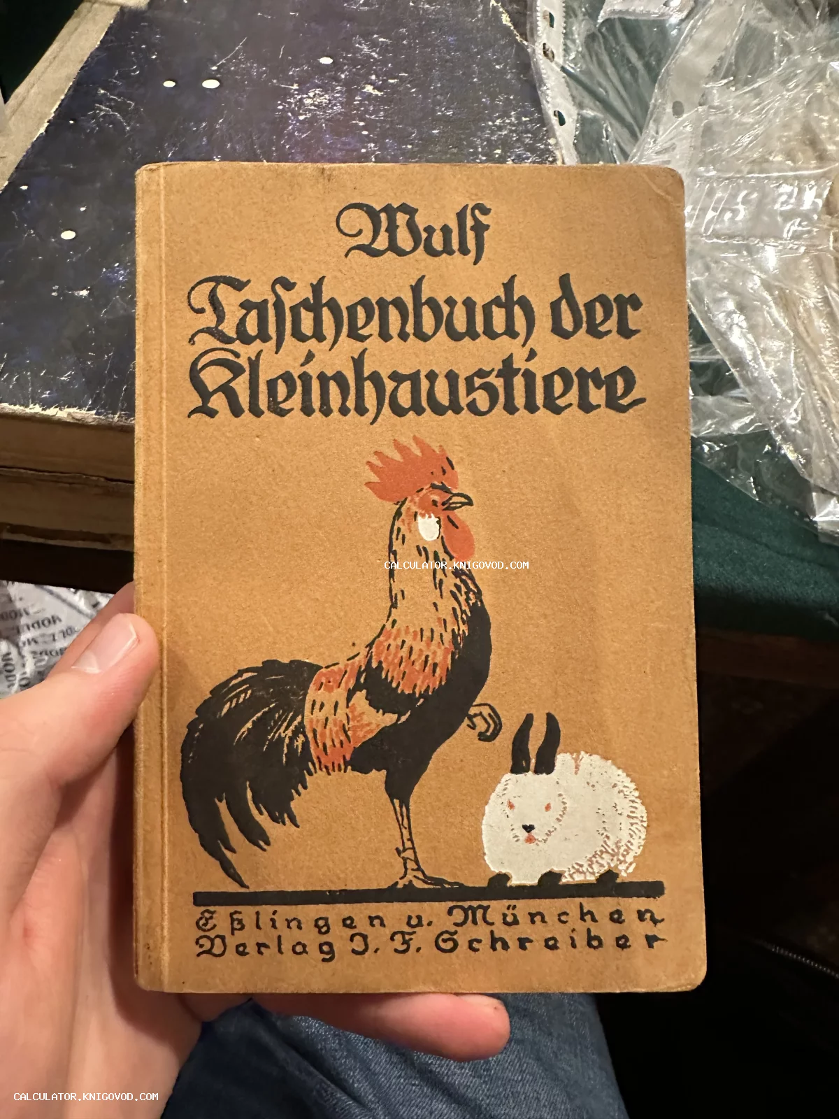 Обложка старинной немецкой книги в бежевом переплете с иллюстрацией петуха и белого кролика.