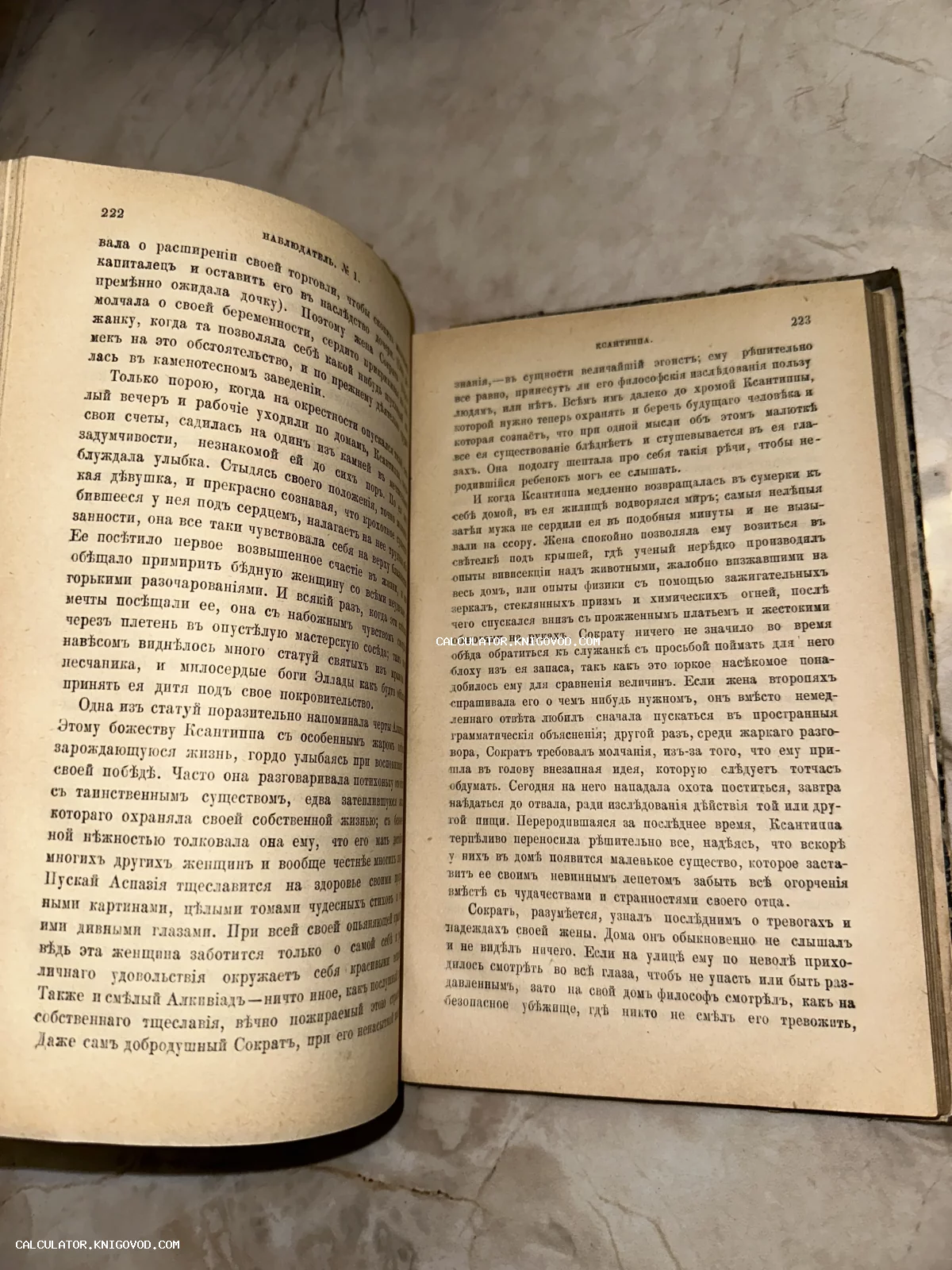 Разворот антикварной книги с текстом на дореволюционном русском языке, страницы под номерами 222 и 223.