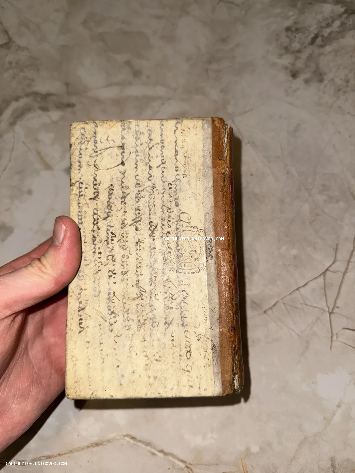 Старинная книга с кожаным корешком и обложкой, полностью покрытой рукописным каллиграфическим текстом и архивными печатями.