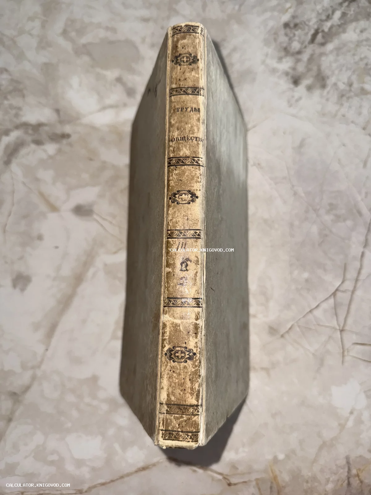 Вид сверху на корешок старинной книги с орнаментальным тиснением и надписью Труды Общества.