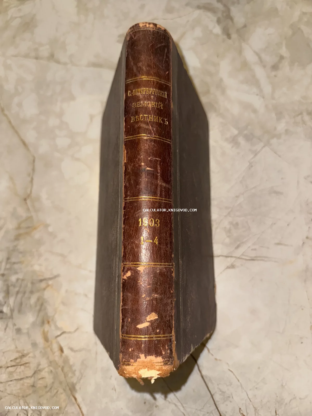 Корешок антикварной книги С.-Петербургский земский вестник 1903 года с золотым тиснением на кожаном переплете.