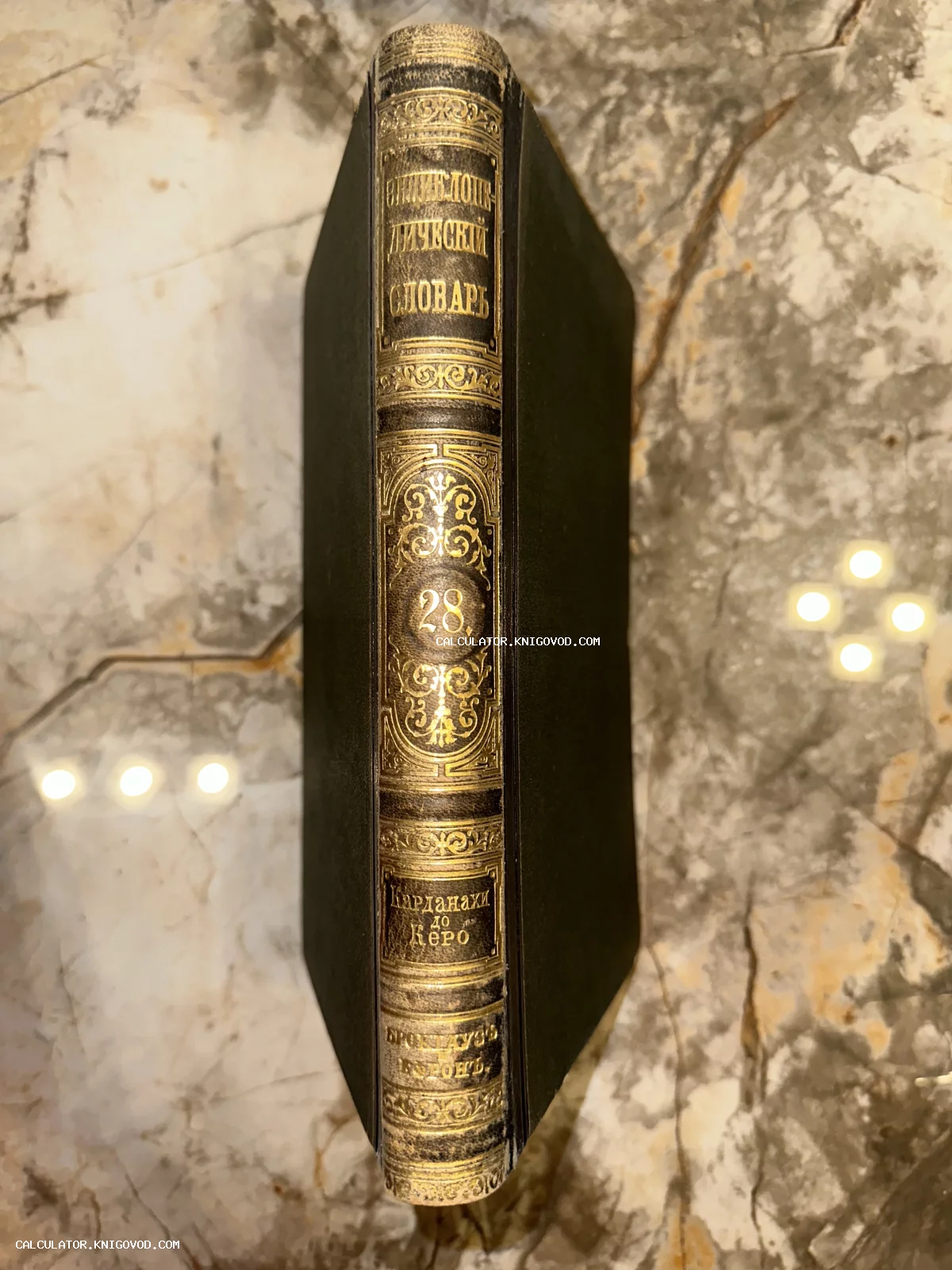 Корешок антикварной книги Энциклопедический словарь Брокгауза и Ефрона с золотым тиснением на кожаном переплете.