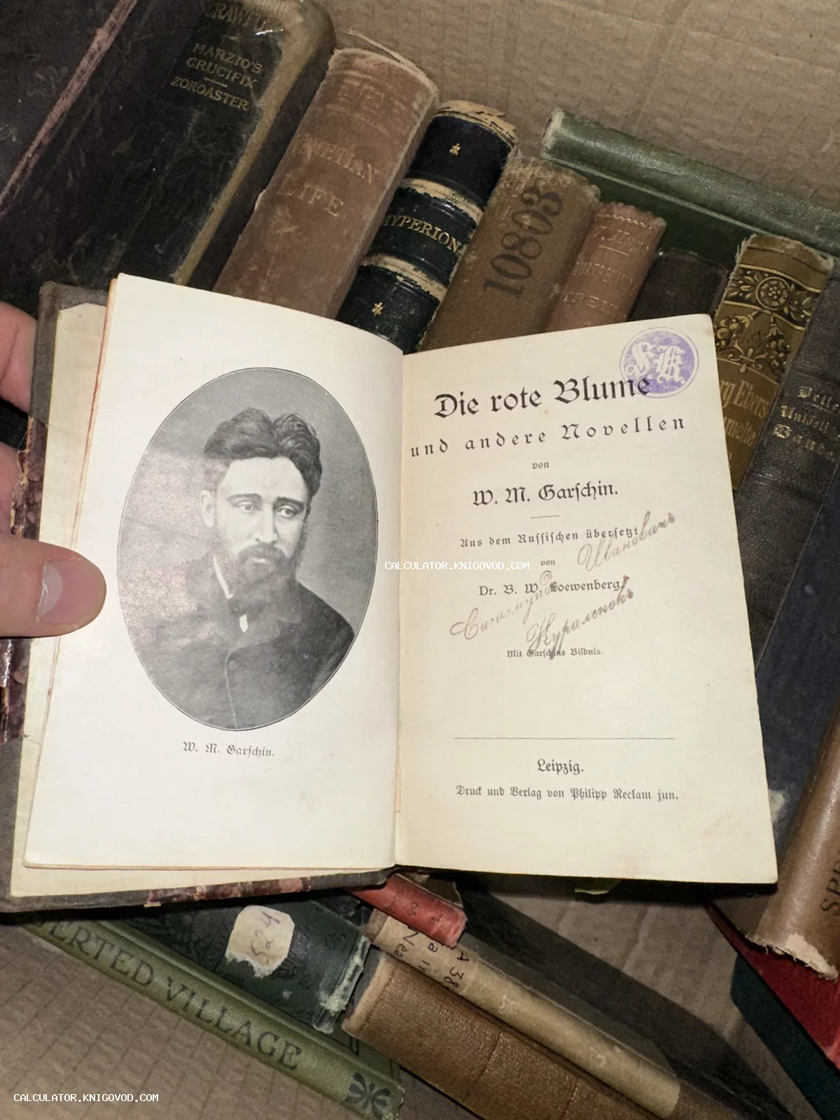 Разворот старинной книги В. М. Гаршина на немецком языке с портретом автора на фоне других антикварных томов.