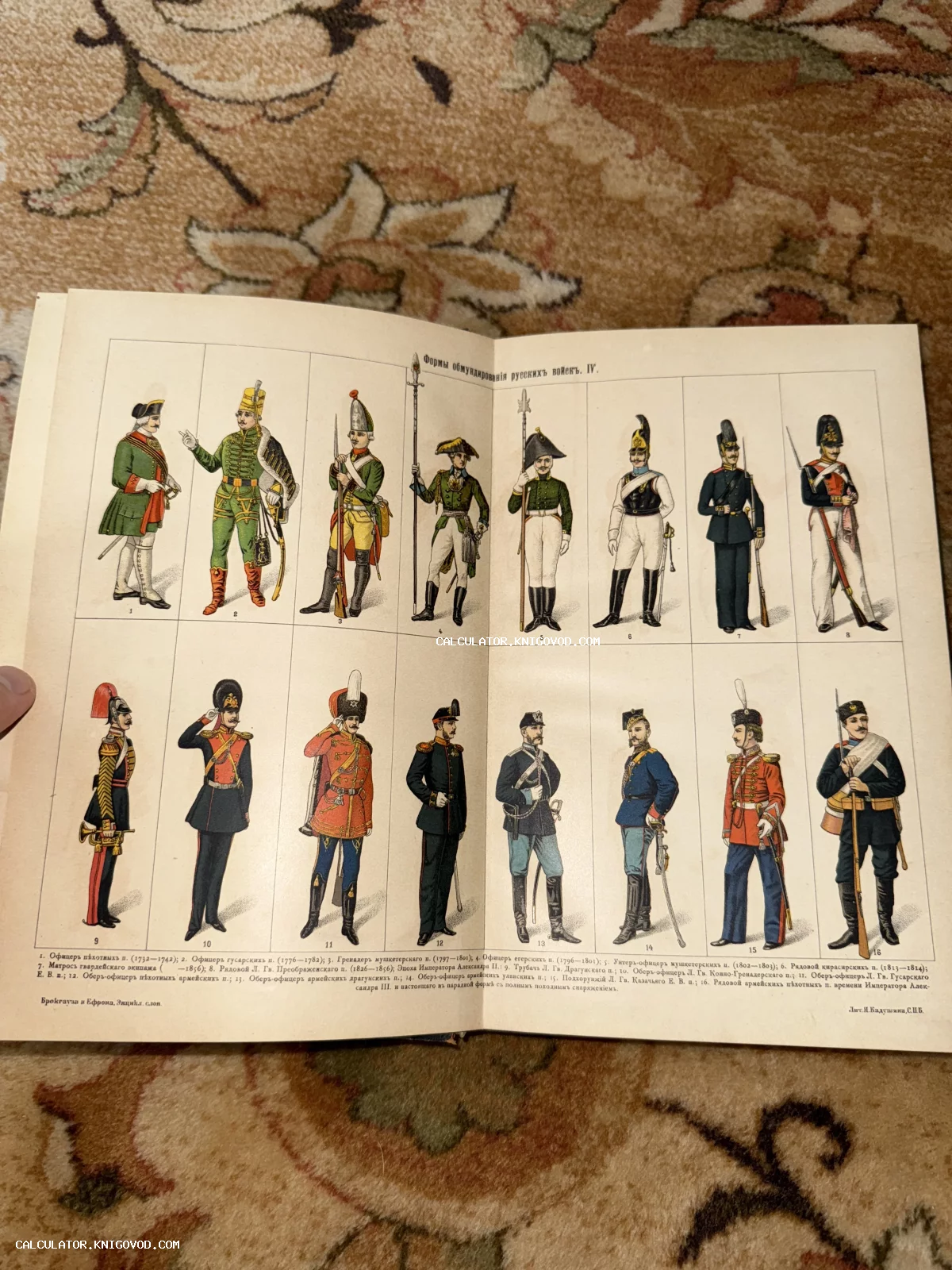 Разворот антикварной книги с цветной литографией, изображающей 16 фигур российских военных в исторических мундирах XVIII-XIX веков.