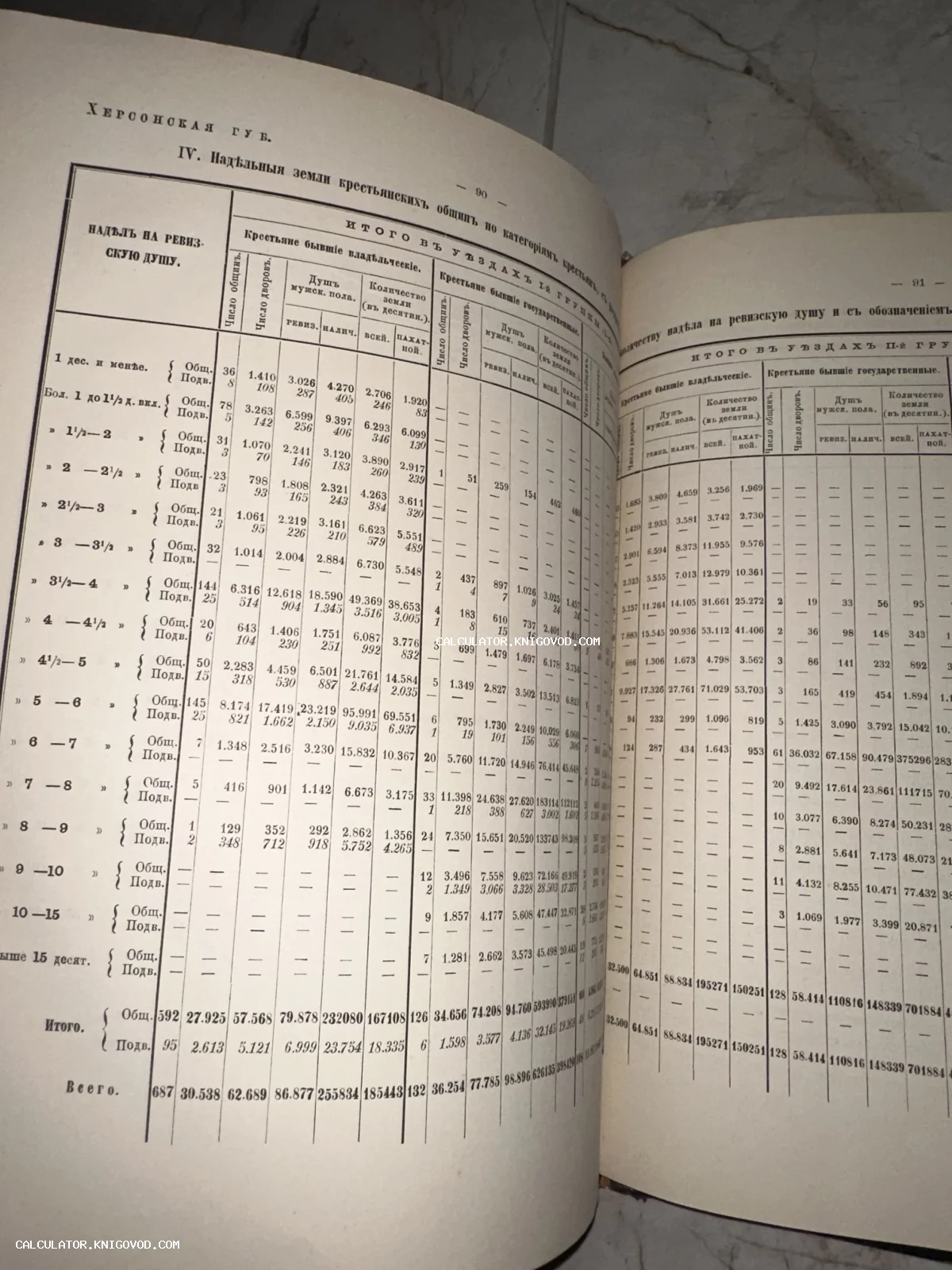 Разворот антикварной книги со статистическими таблицами распределения земли в Херсонской губернии, дореволюционная печать.