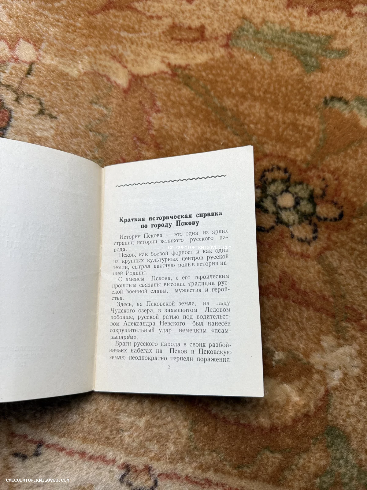 Разворот открытой книги с заголовком «Краткая историческая справка по городу Пскову» на фоне узорчатого ковра.