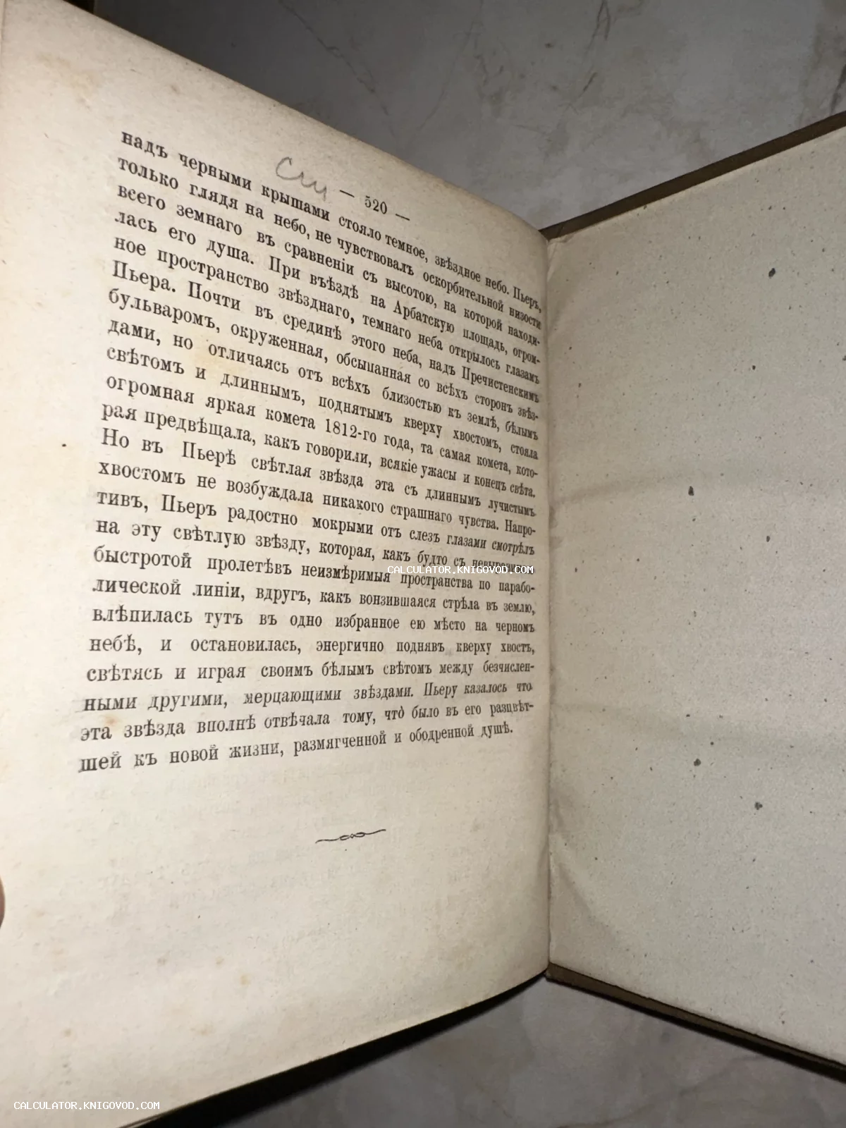 Страница старинной книги с текстом на дореволюционном русском языке, описывающим Пьера Безухова и комету 1812 года.